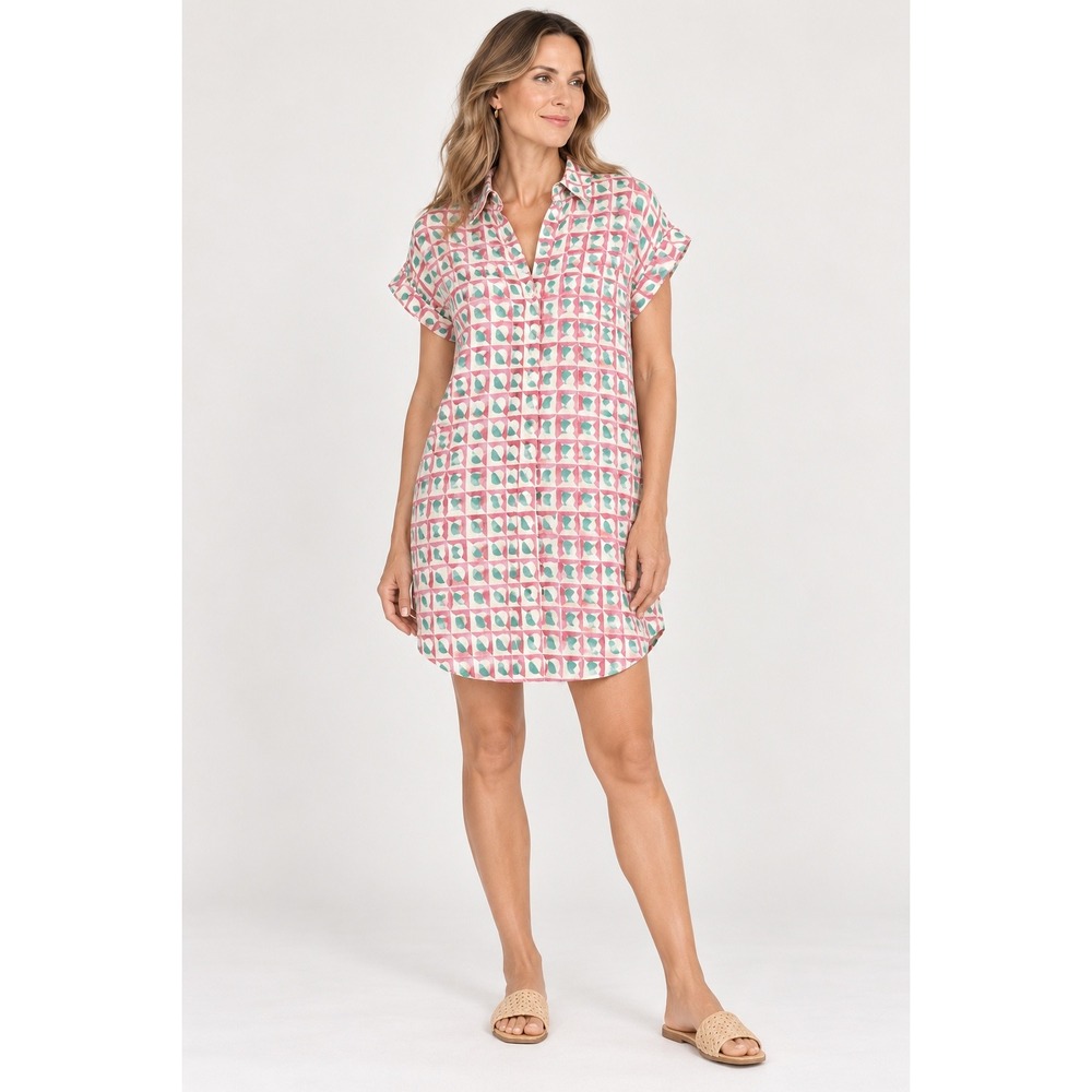 Oliphant Mauve Pink Green Geometric Linen Blend Shirt Dress Mini M Boho Tunic